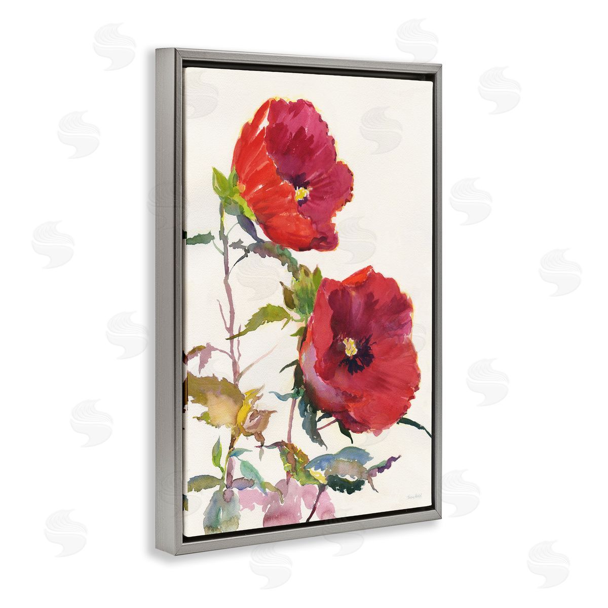 Bold Red Poppies Grey Floating Frame Canvas Wall Art, Home Decor by Theresa Heidel