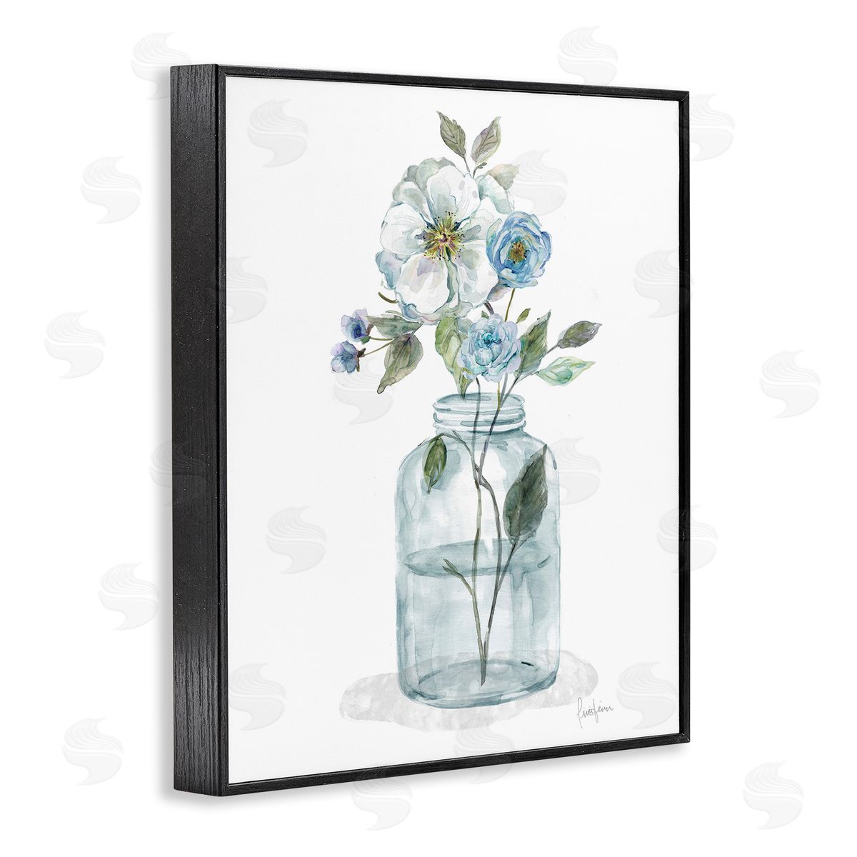 Soft Blue and White Flowers Black Frame Print Wall Art, Home Decor by Livi Finn