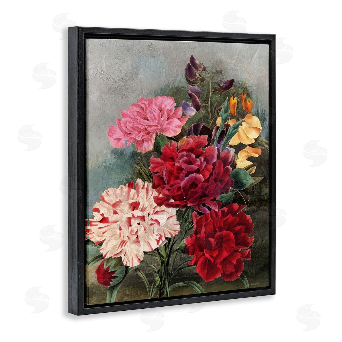 Vintage Geranium Blooms Black Floating Frame Canvas Wall Art, Home Decor by Carol Robinson