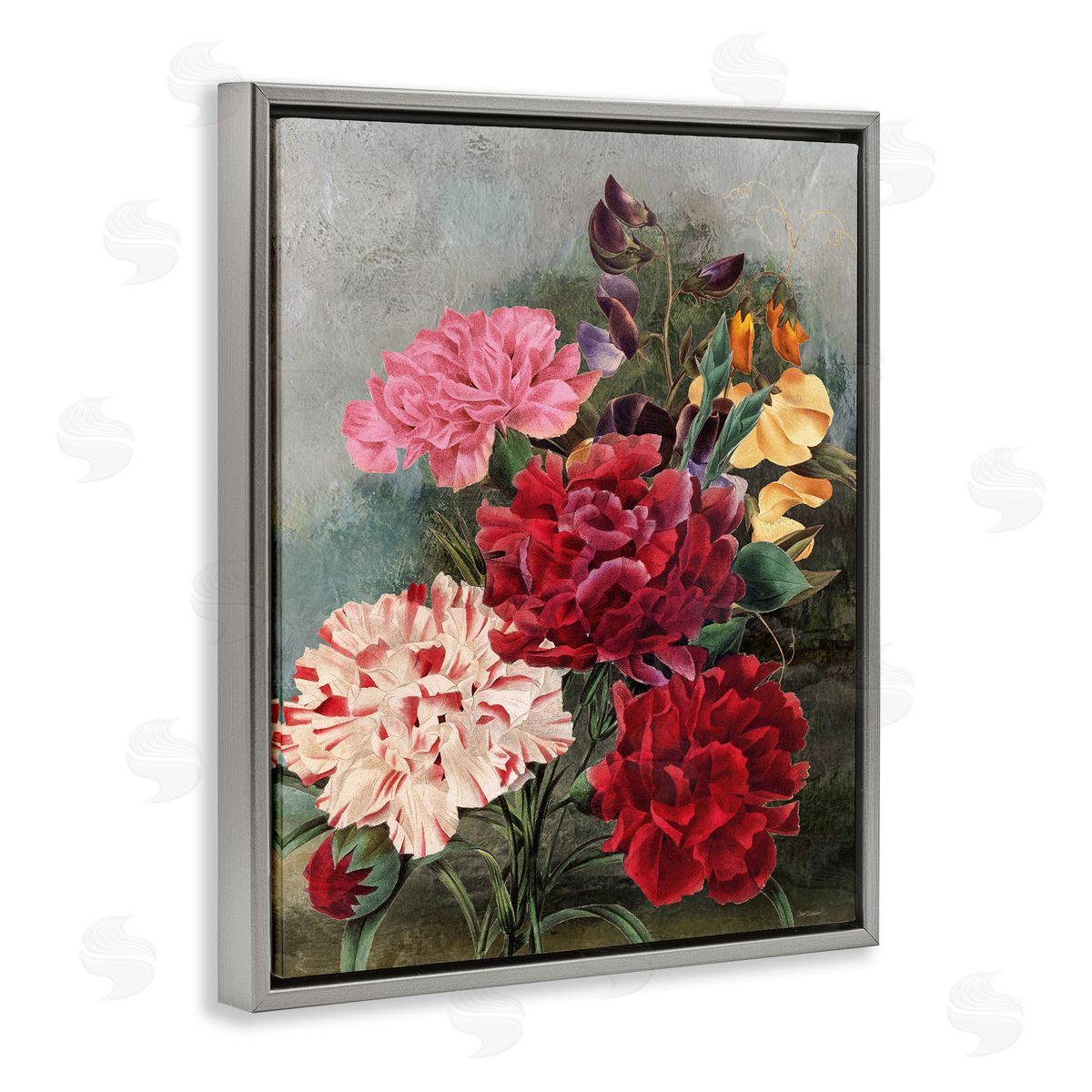 Vintage Geranium Blooms Grey Floating Frame Canvas Wall Art, Home Decor by Carol Robinson