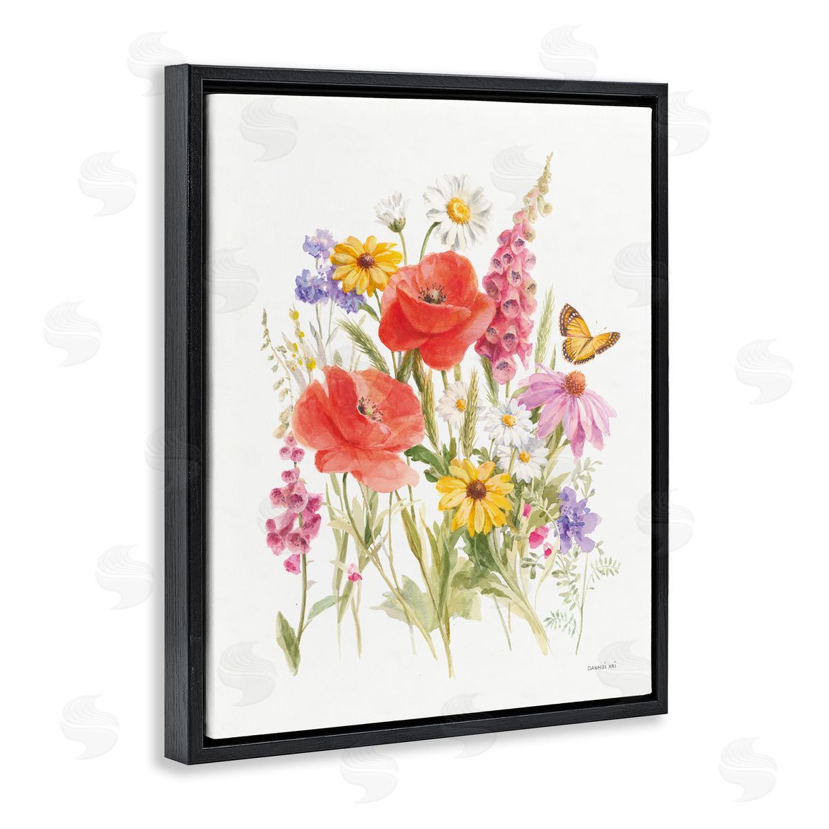 Bright Flowers and Butterfly Black Floating Frame Canvas Wall Art, Home Decor by Danhui Nai