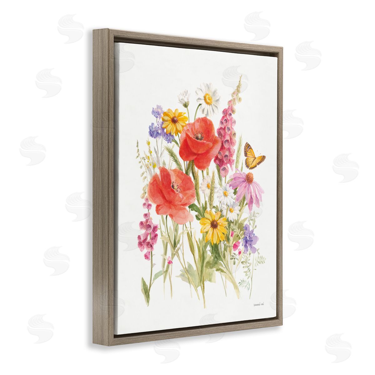 Bright Flowers and Butterfly Brown Floating Frame Canvas Wall Art, Home Decor by Danhui Nai