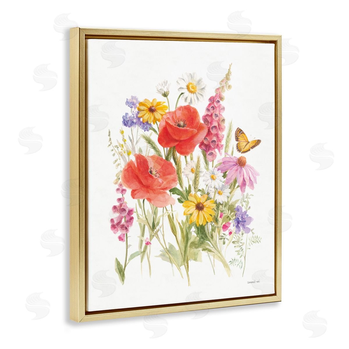 Bright Flowers and Butterfly Gold Floating Frame Canvas Wall Art, Home Decor by Danhui Nai