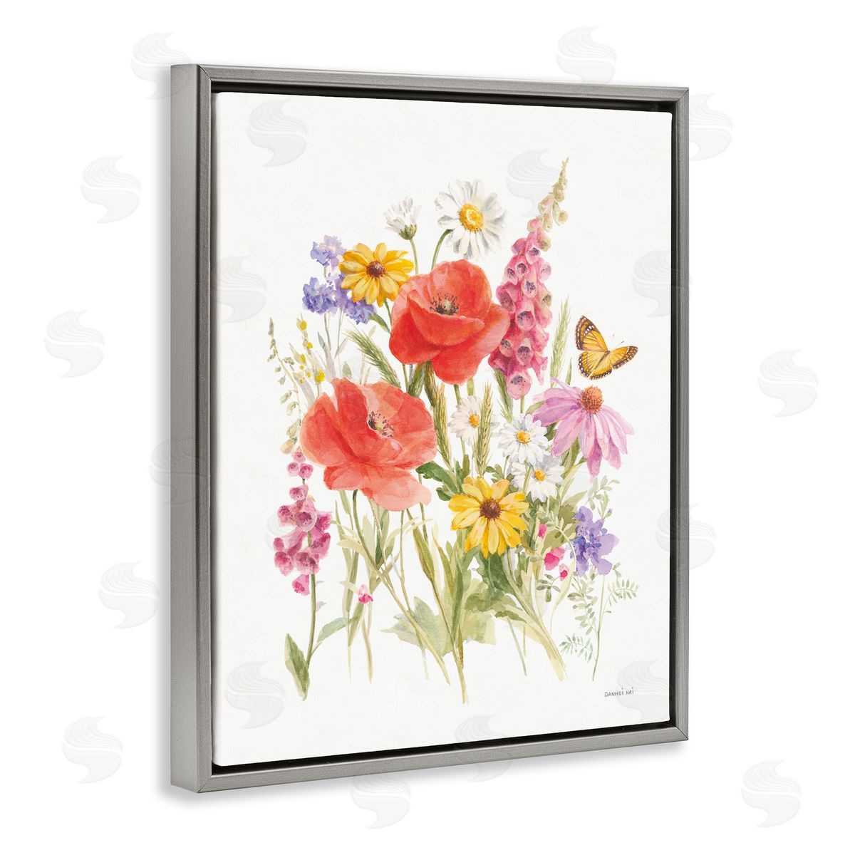 Bright Flowers and Butterfly Grey Floating Frame Canvas Wall Art, Home Decor by Danhui Nai