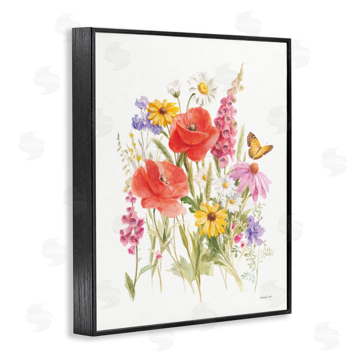 Bright Flowers and Butterfly Black Frame Print Wall Art, Home Decor by Danhui Nai