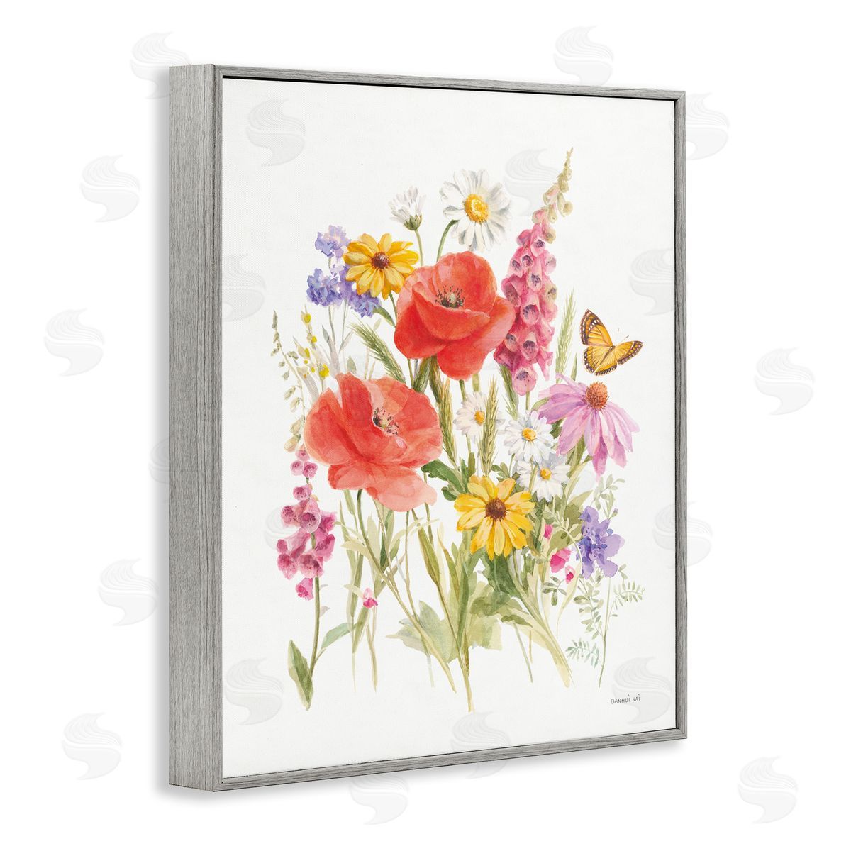 Bright Flowers and Butterfly Grey Frame Print Wall Art, Home Decor by Danhui Nai