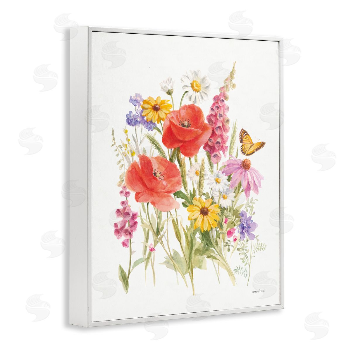 Bright Flowers and Butterfly White Frame Print Wall Art, Home Decor by Danhui Nai