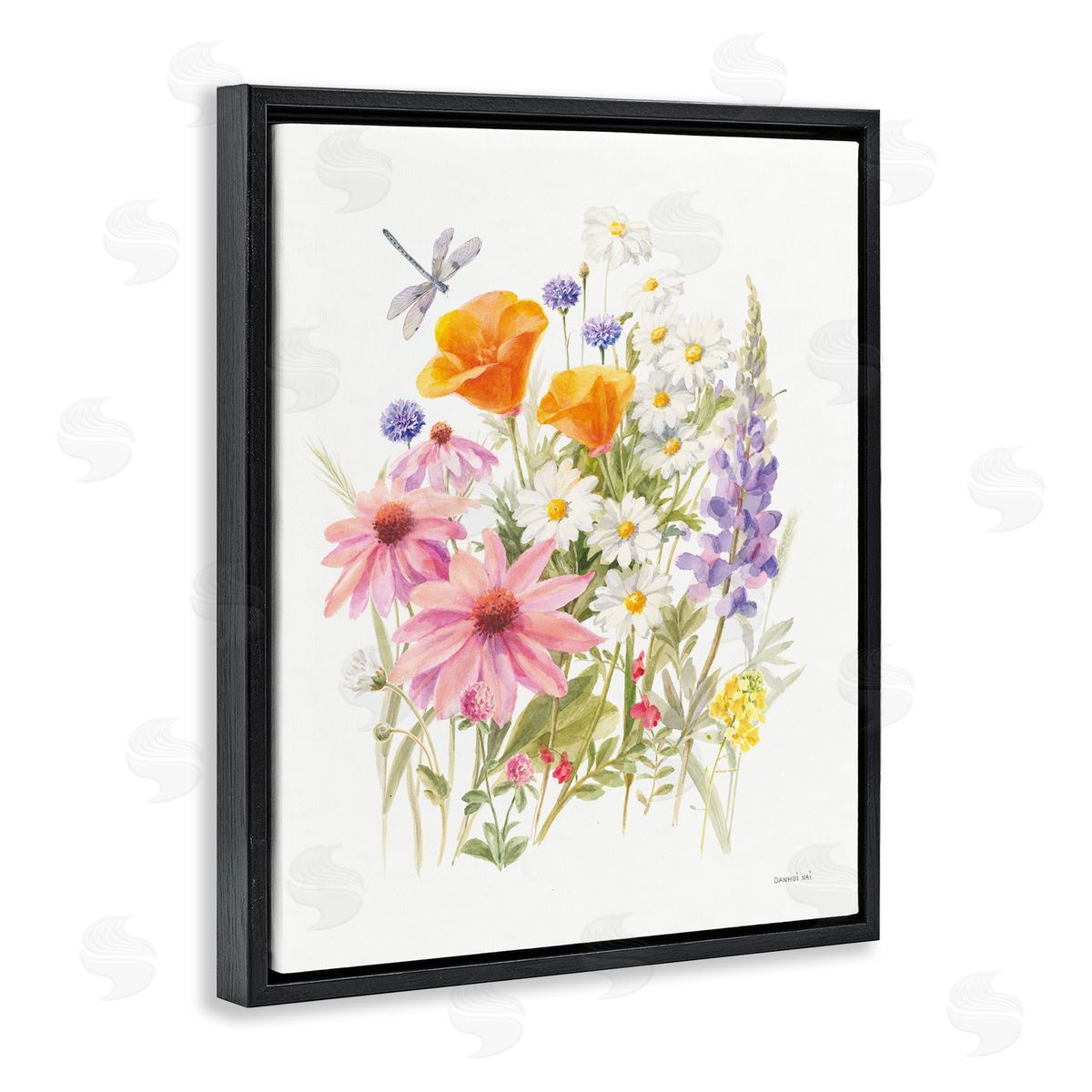 Bright Flowers and Dragonfly Black Floating Frame Canvas Wall Art, Home Decor by Danhui Nai