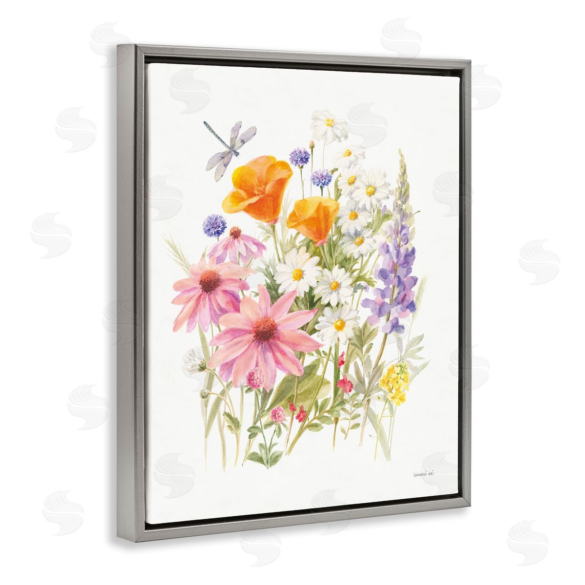 Bright Flowers and Dragonfly Grey Floating Frame Canvas Wall Art, Home Decor by Danhui Nai