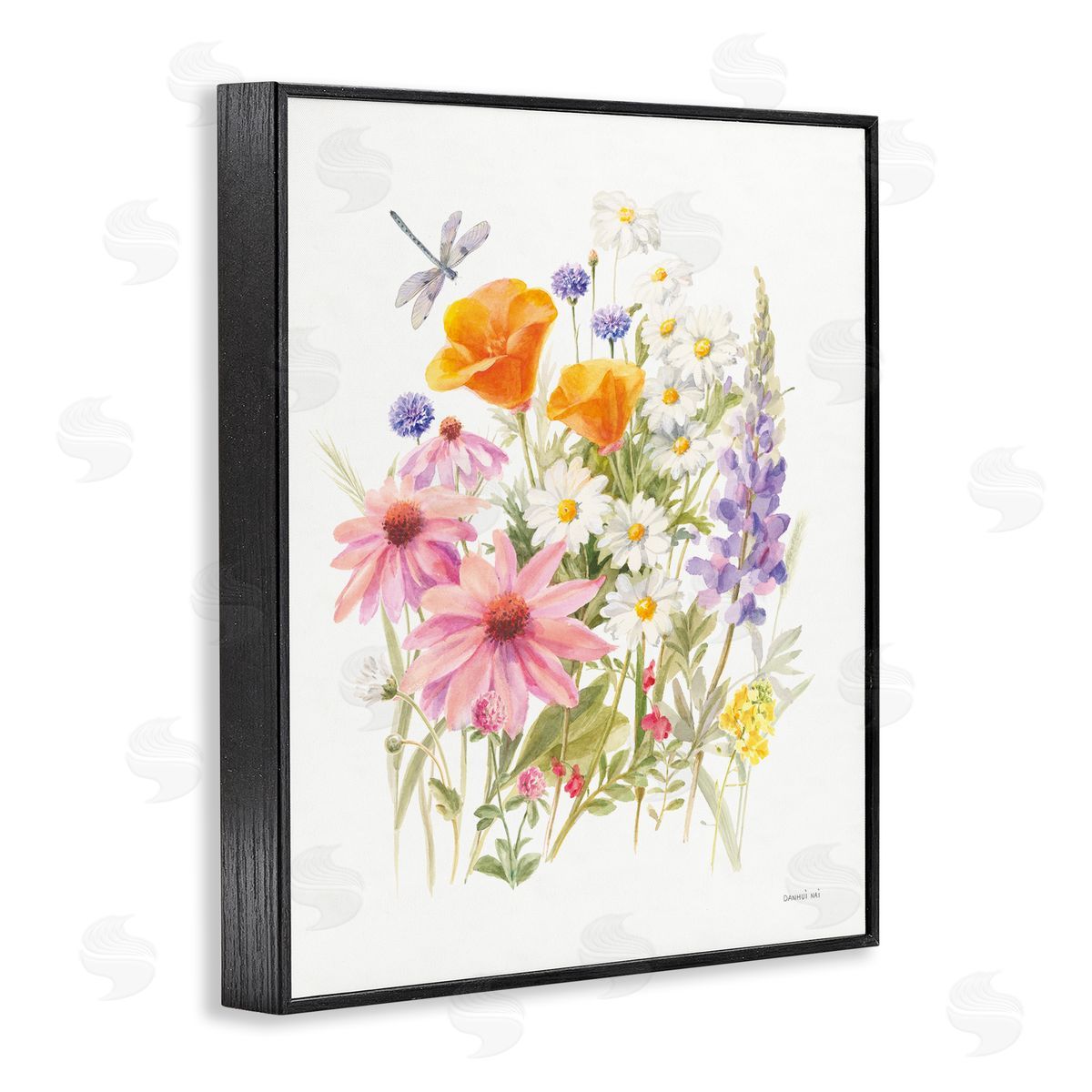 Bright Flowers and Dragonfly Black Frame Print Wall Art, Home Decor by Danhui Nai