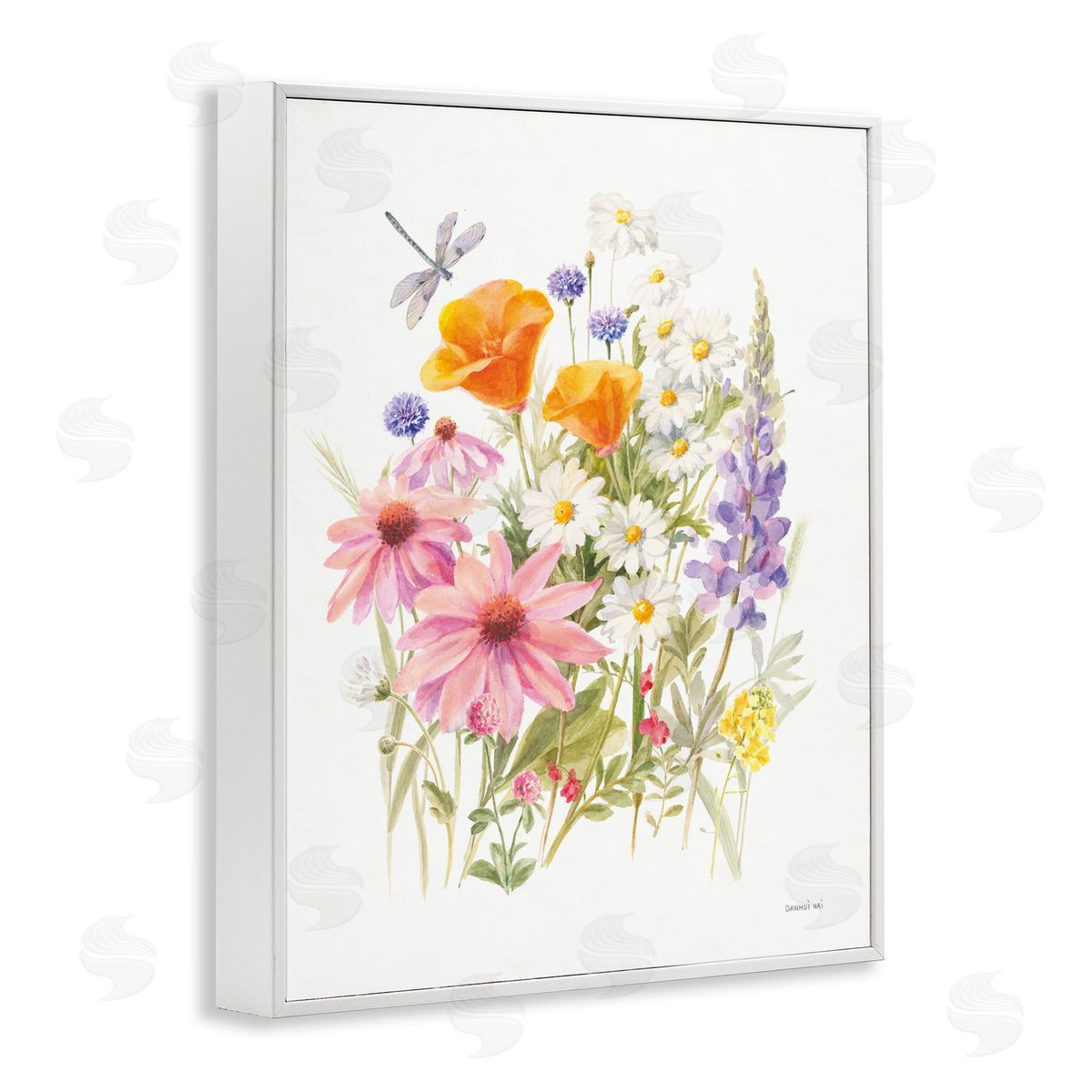 Bright Flowers and Dragonfly White Frame Print Wall Art, Home Decor by Danhui Nai