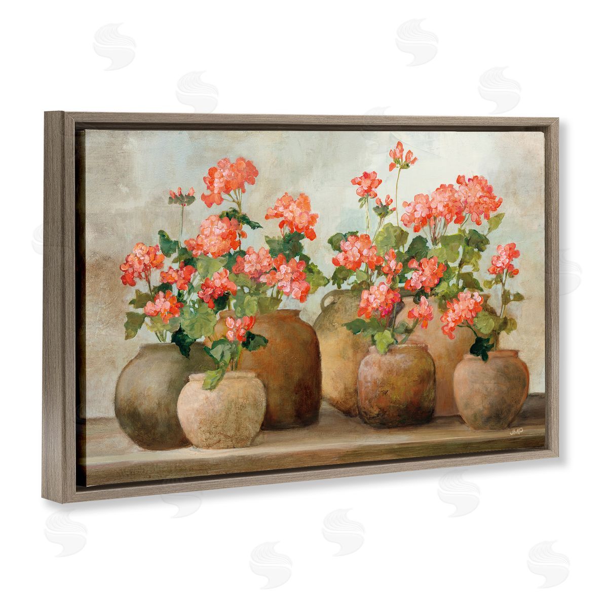Pink Cottage Geraniums Brown Floating Frame Canvas Wall Art, Home Decor by Julia Purinton