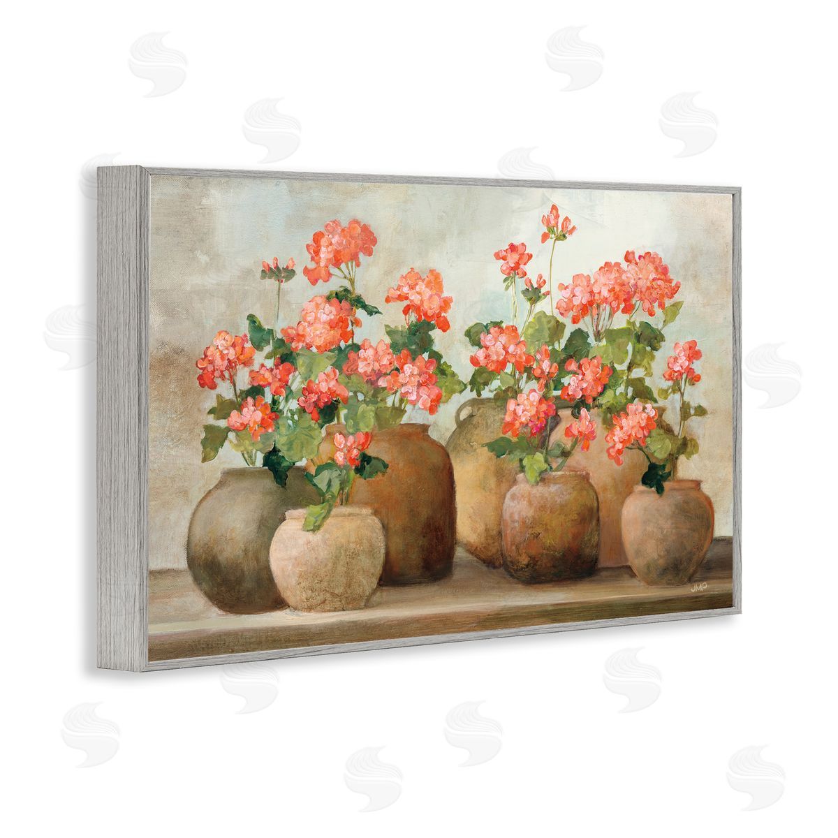 Pink Cottage Geraniums Grey Frame Print Wall Art, Home Decor by Julia Purinton