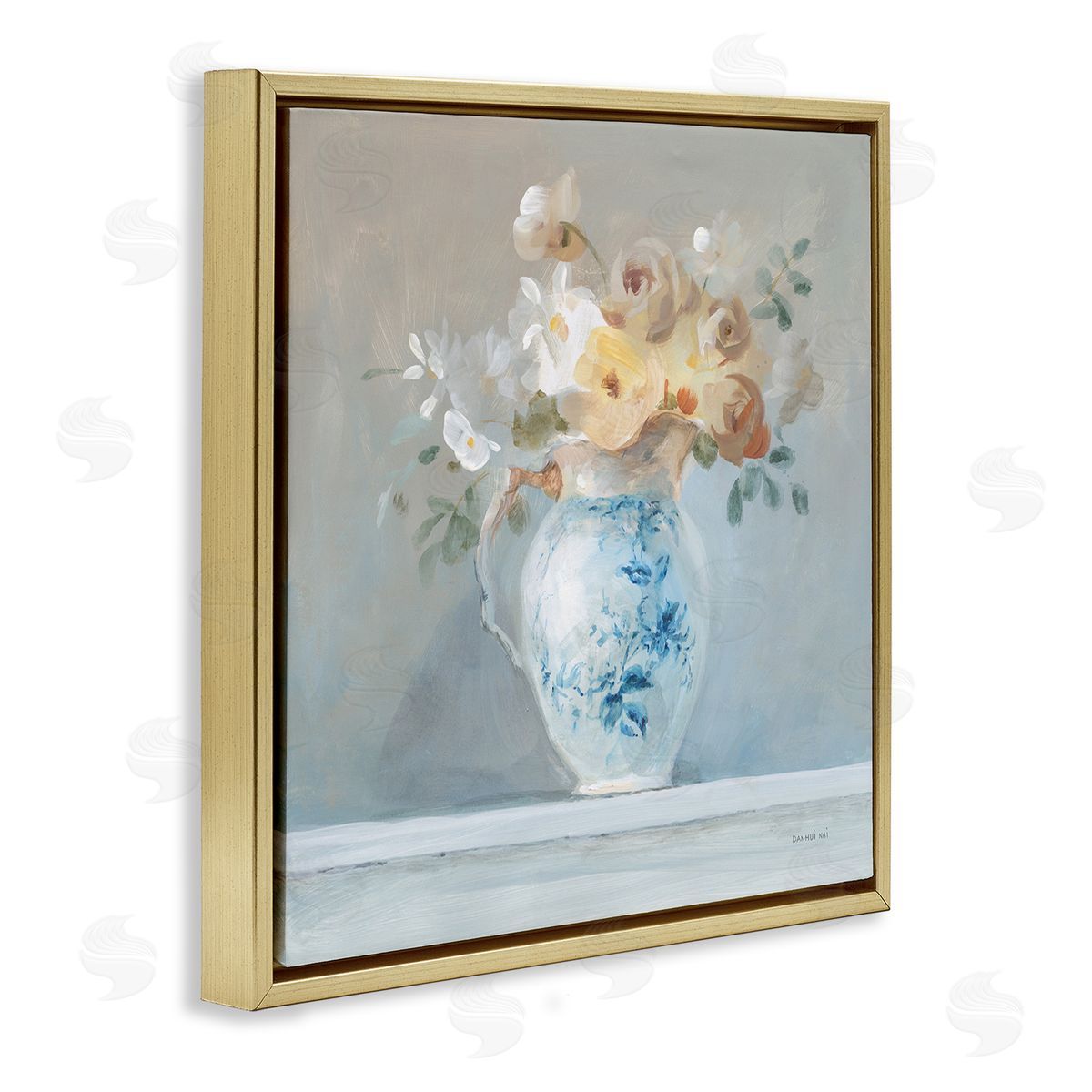 Heirloom Flower Bouquet Gold Floating Frame Canvas Wall Art, Home Decor by Danhui Nai