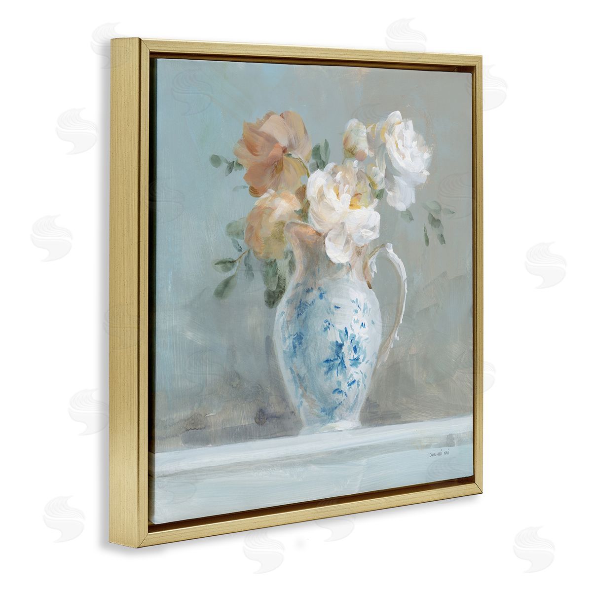 Heirloom Floral Bouquet Gold Floating Frame Canvas Wall Art, Home Decor by Danhui Nai