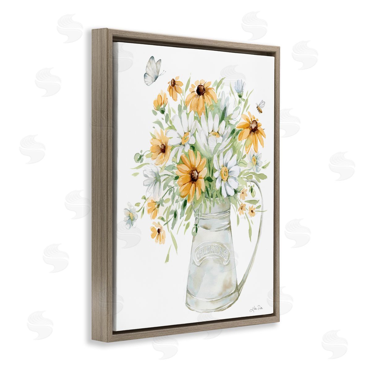Sunflowers and Daisies Vase Brown Floating Frame Canvas Wall Art, Home Decor by Katrina Pete