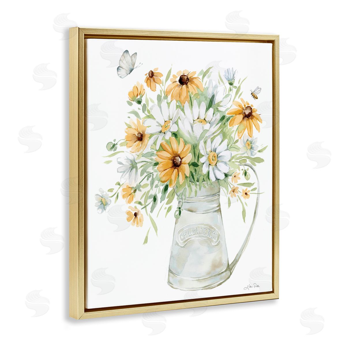Sunflowers and Daisies Vase Gold Floating Frame Canvas Wall Art, Home Decor by Katrina Pete