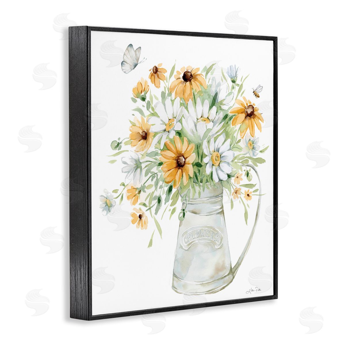 Sunflowers and Daisies Vase Black Frame Print Wall Art, Home Decor by Katrina Pete