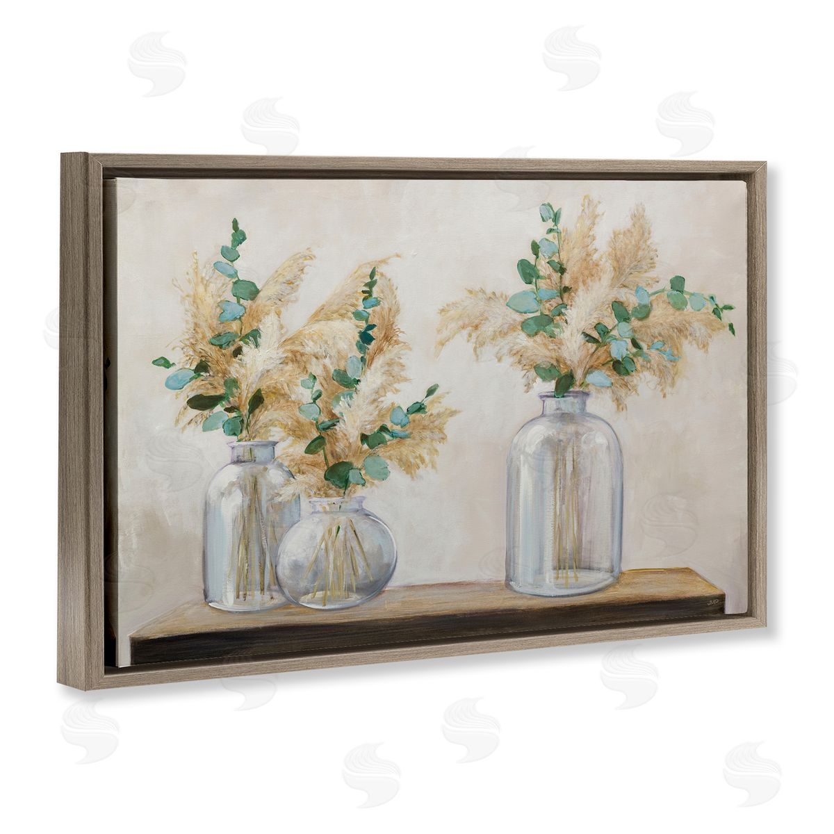 Pampas and Eucalyptus Brown Floating Frame Canvas Wall Art, Home Decor by Julia Purinton