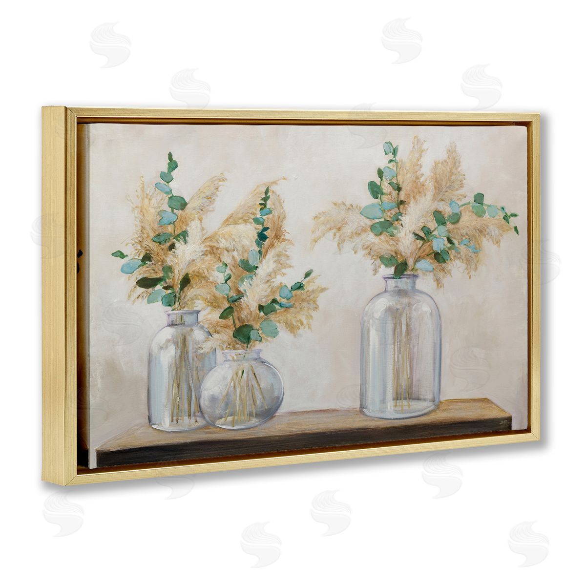 Pampas and Eucalyptus Gold Floating Frame Canvas Wall Art, Home Decor by Julia Purinton