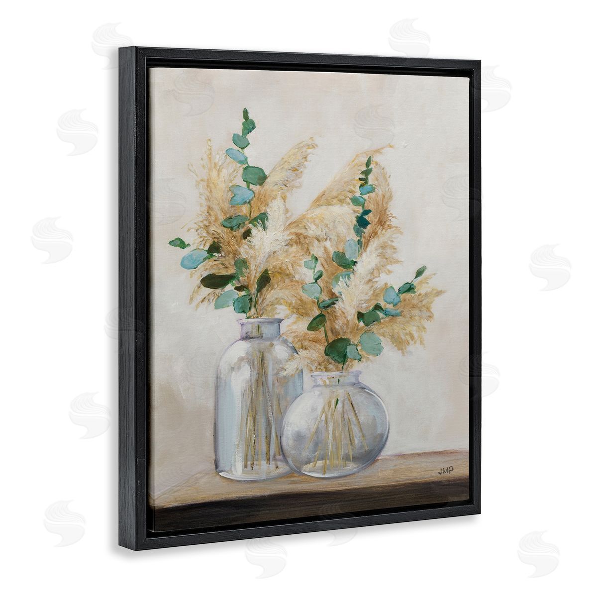 Pampas and Herbs Vase Black Floating Frame Canvas Wall Art, Home Decor by Julia Purinton