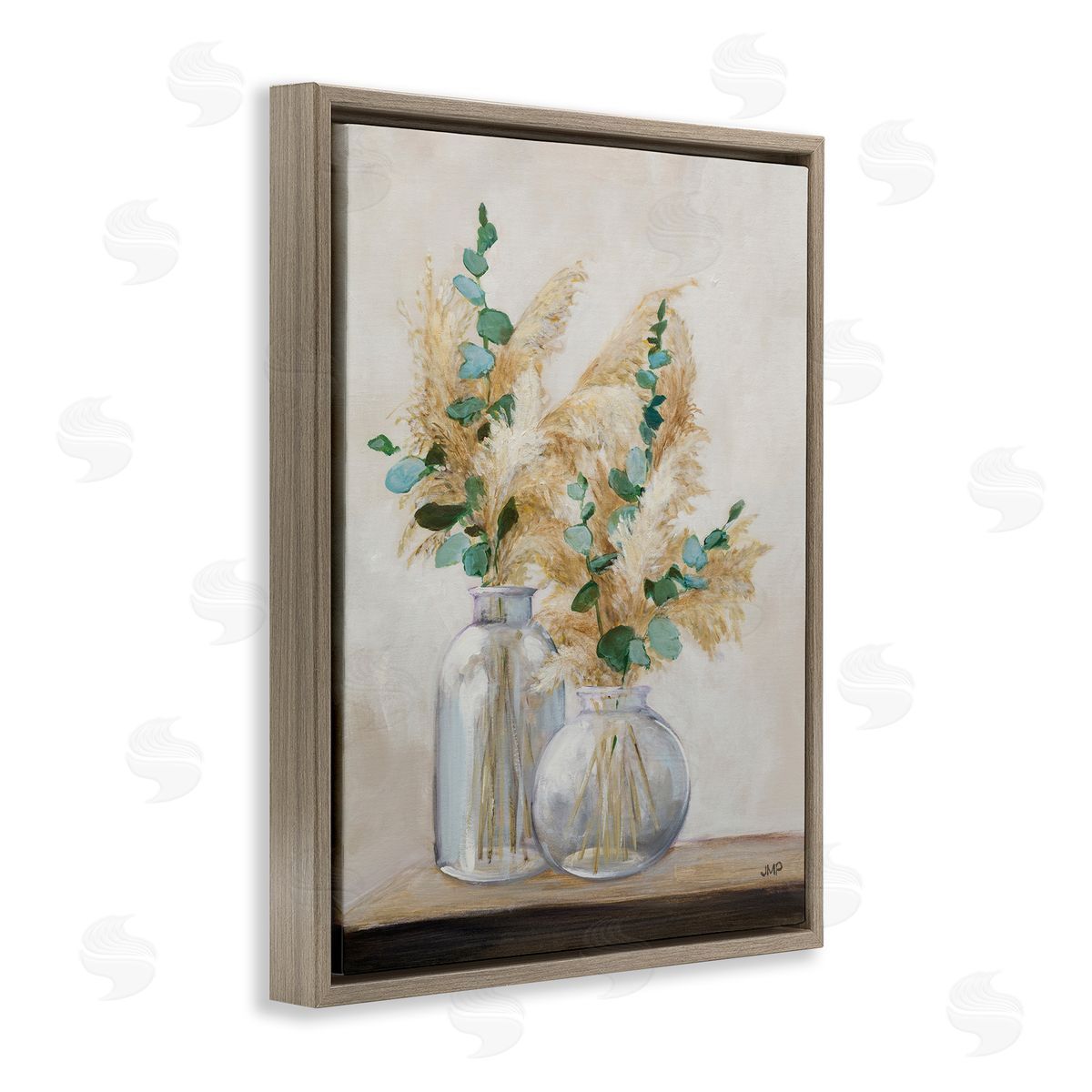 Pampas and Herbs Vase Brown Floating Frame Canvas Wall Art, Home Decor by Julia Purinton