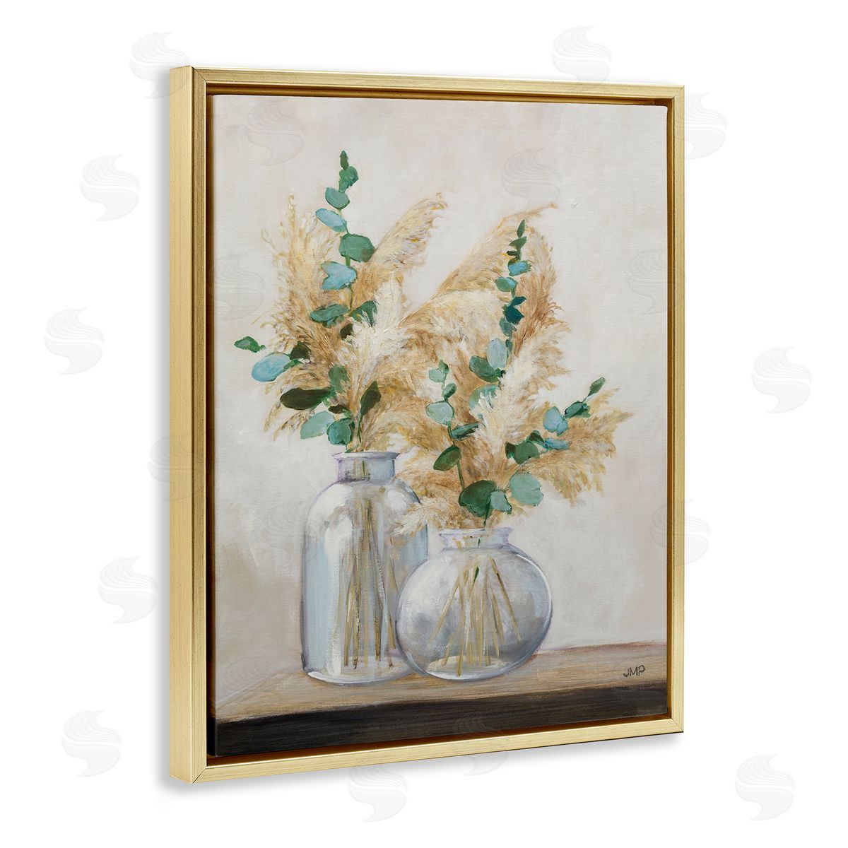 Pampas and Herbs Vase Gold Floating Frame Canvas Wall Art, Home Decor by Julia Purinton