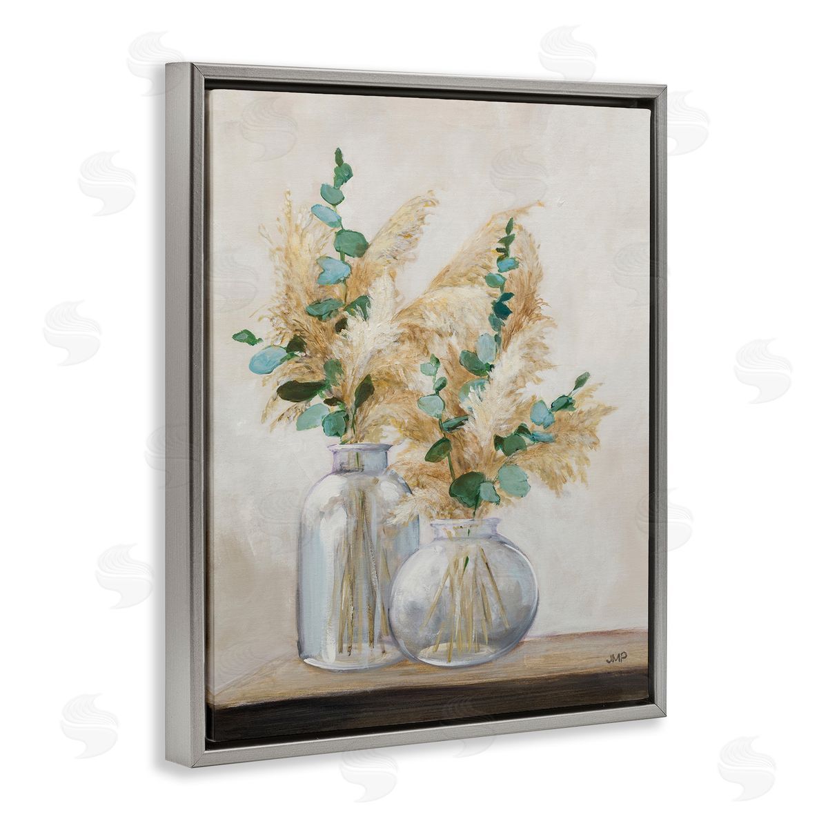 Pampas and Herbs Vase Grey Floating Frame Canvas Wall Art, Home Decor by Julia Purinton