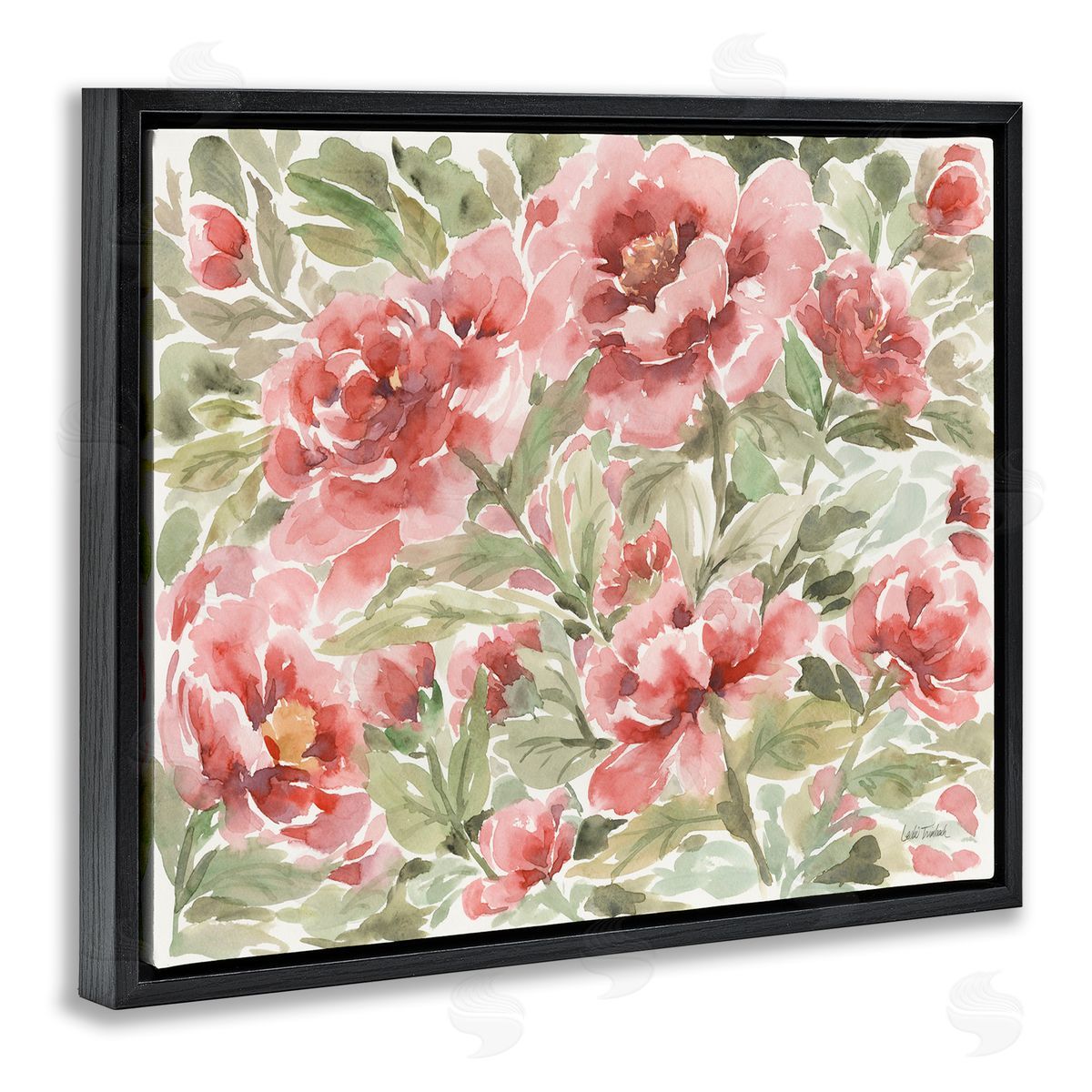 Pink Peonies Pattern Black Floating Frame Canvas Wall Art, Home Decor by Leslie Trimbach