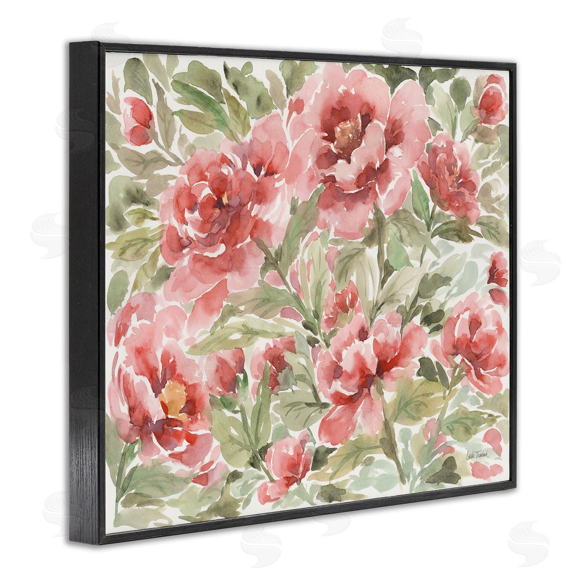 Pink Peonies Pattern Black Frame Print Wall Art, Home Decor by Leslie Trimbach