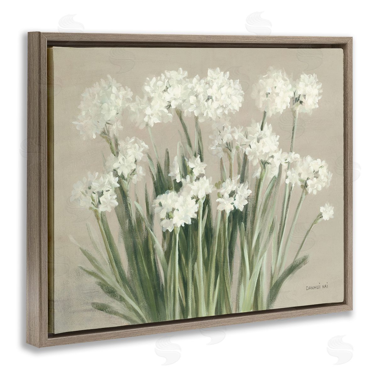 Snowy Floral Paperwhites Brown Floating Frame Canvas Wall Art, Home Decor by Danhui Nai