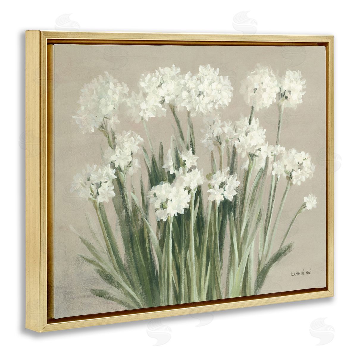 Snowy Floral Paperwhites Gold Floating Frame Canvas Wall Art, Home Decor by Danhui Nai