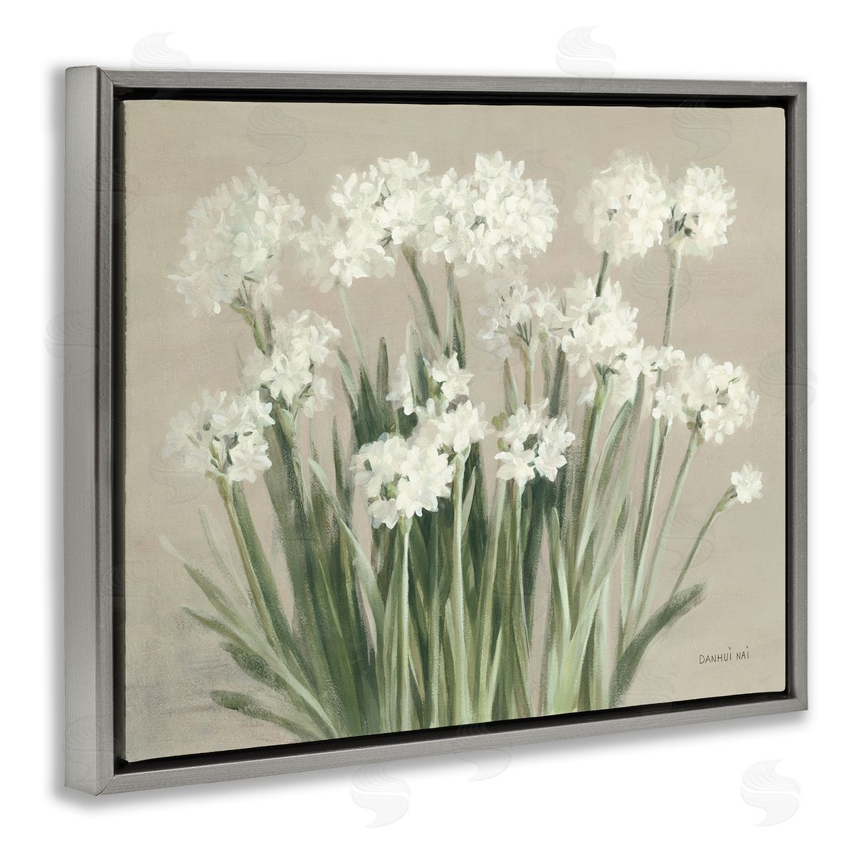 Snowy Floral Paperwhites Grey Floating Frame Canvas Wall Art, Home Decor by Danhui Nai