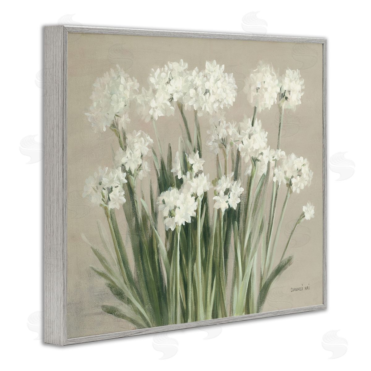 Snowy Floral Paperwhites Grey Frame Print Wall Art, Home Decor by Danhui Nai