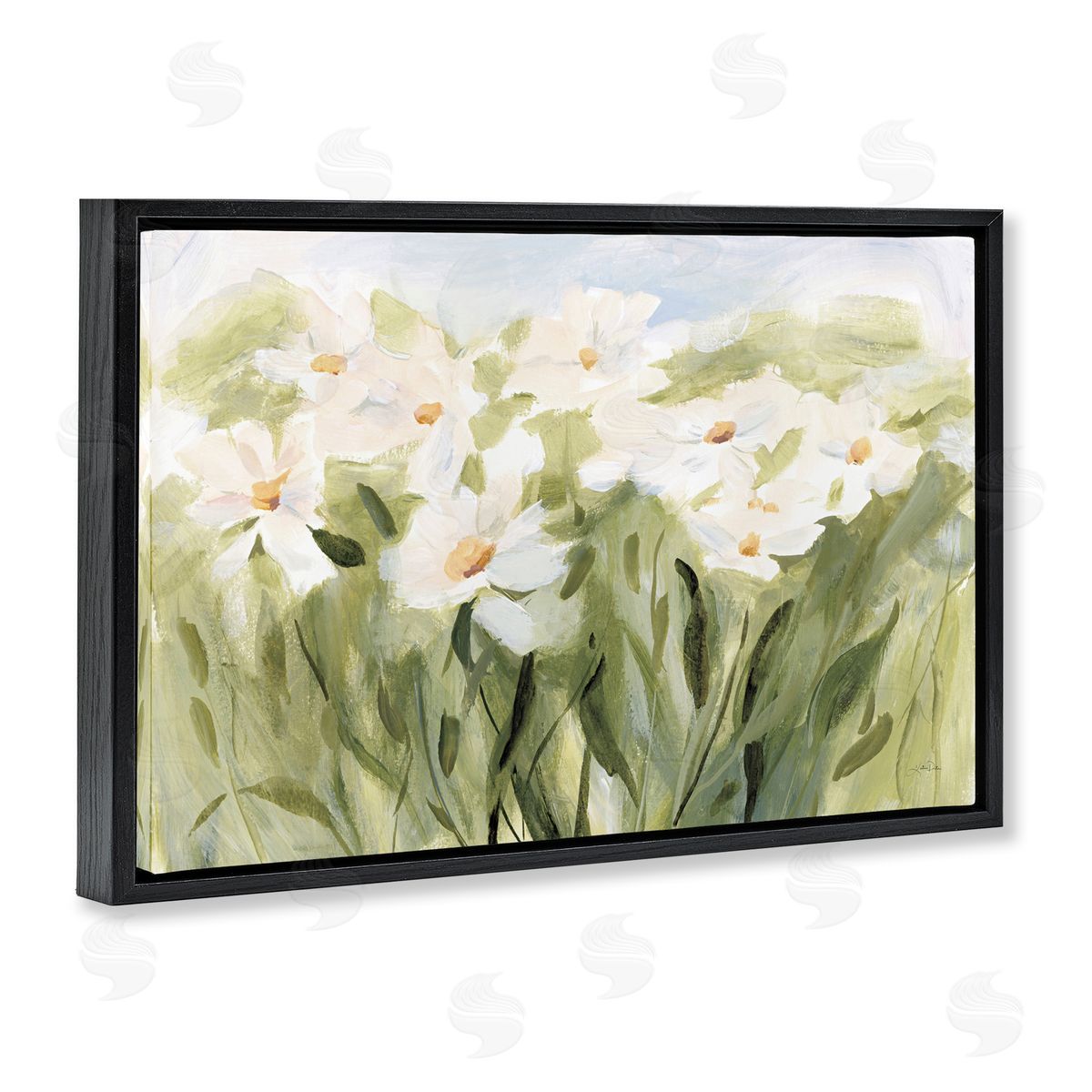 Daisy Meadow View Black Floating Frame Canvas Wall Art, Home Decor by Katrina Pete