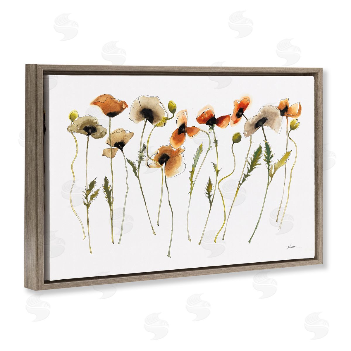 Autumn Poppy Sprigs Brown Floating Frame Canvas Wall Art, Home Decor by Shirley Novak