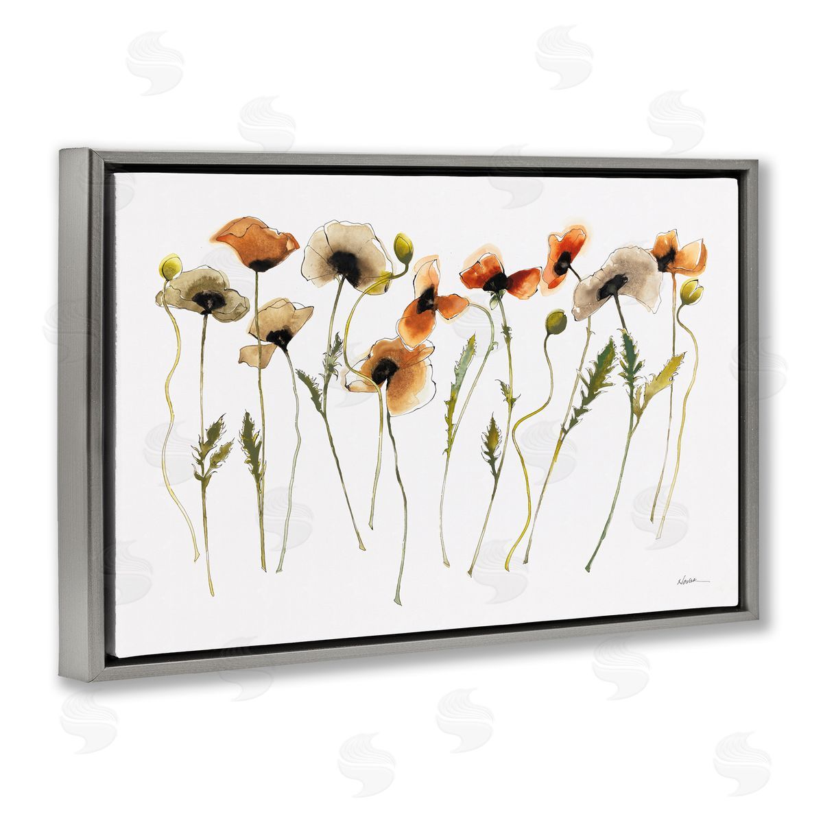 Autumn Poppy Sprigs Grey Floating Frame Canvas Wall Art, Home Decor by Shirley Novak