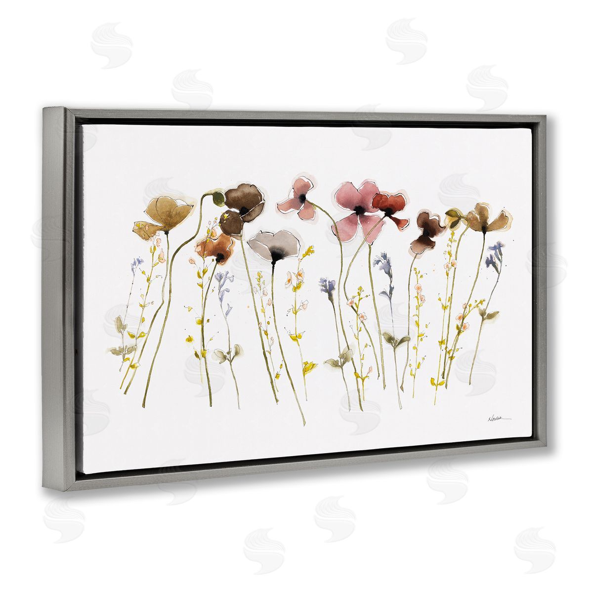 Spring Poppy Sprigs Grey Floating Frame Canvas Wall Art, Home Decor by Shirley Novak