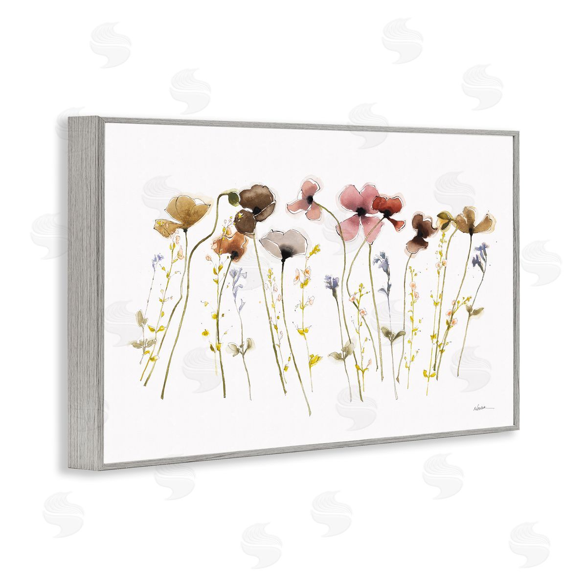 Spring Poppy Sprigs Grey Frame Print Wall Art, Home Decor by Shirley Novak