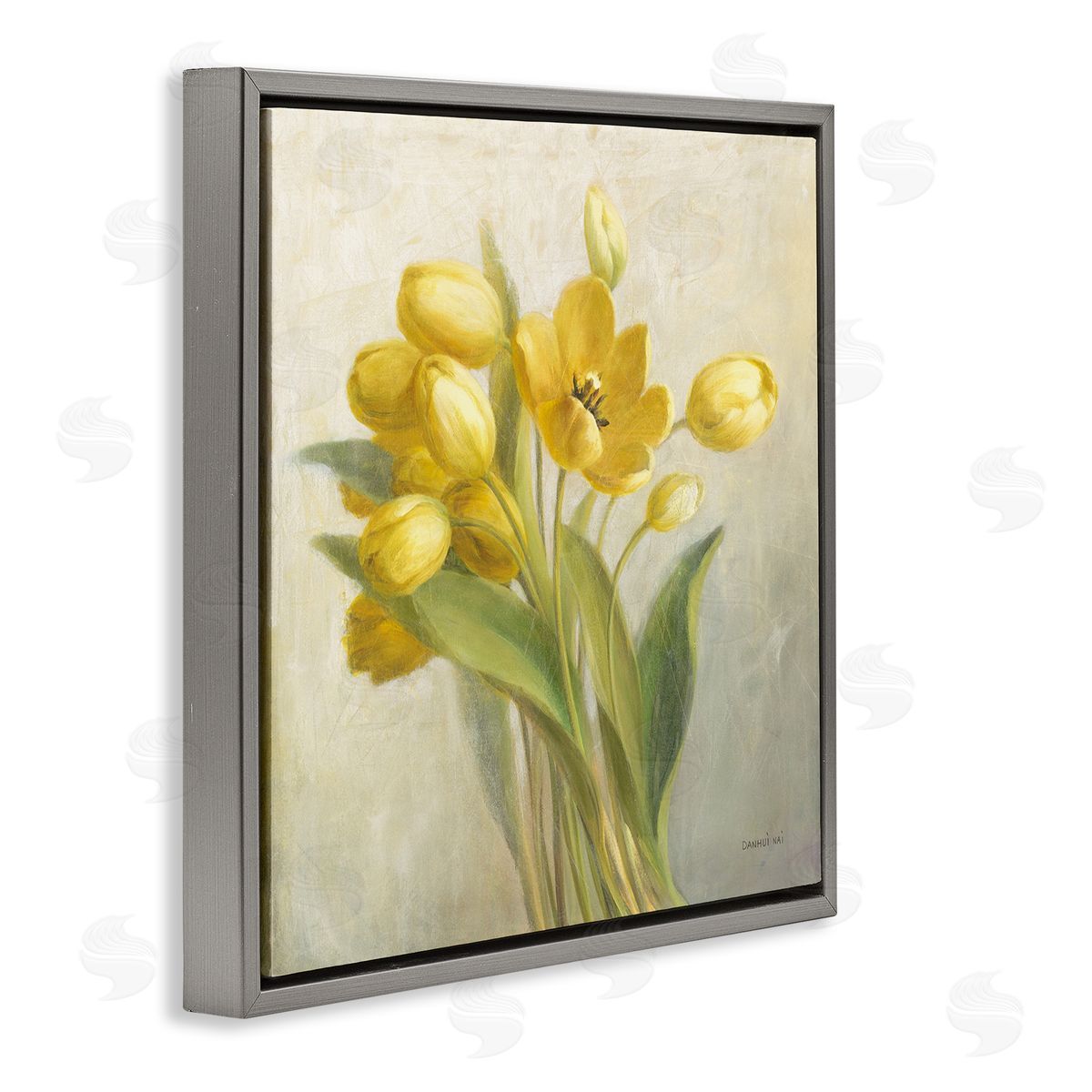French Yellow Tulips Grey Floating Frame Canvas Wall Art, Home Decor by Danhui Nai