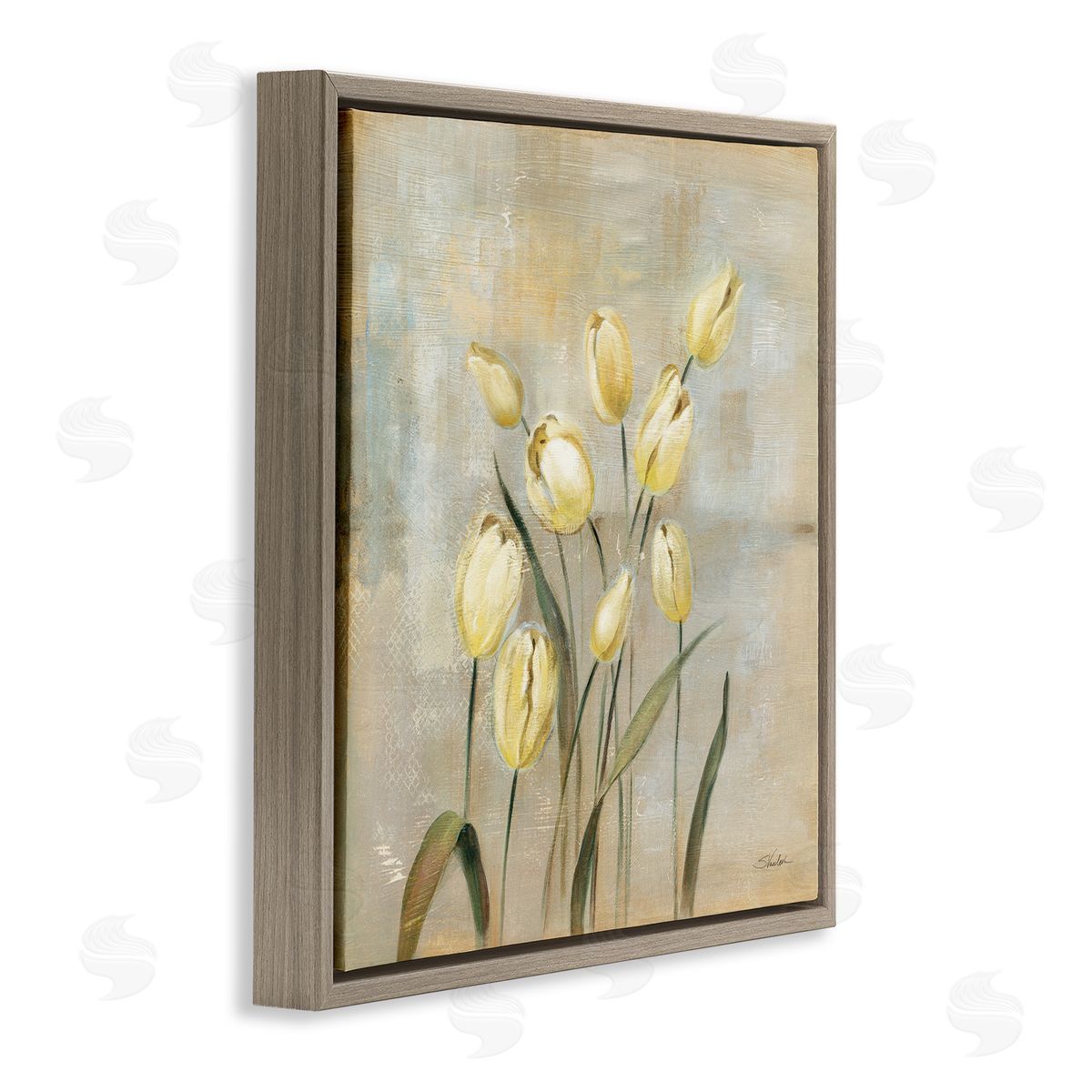 Yellow Tulips on Beige Brown Floating Frame Canvas Wall Art, Home Decor by Silvia Vassileva