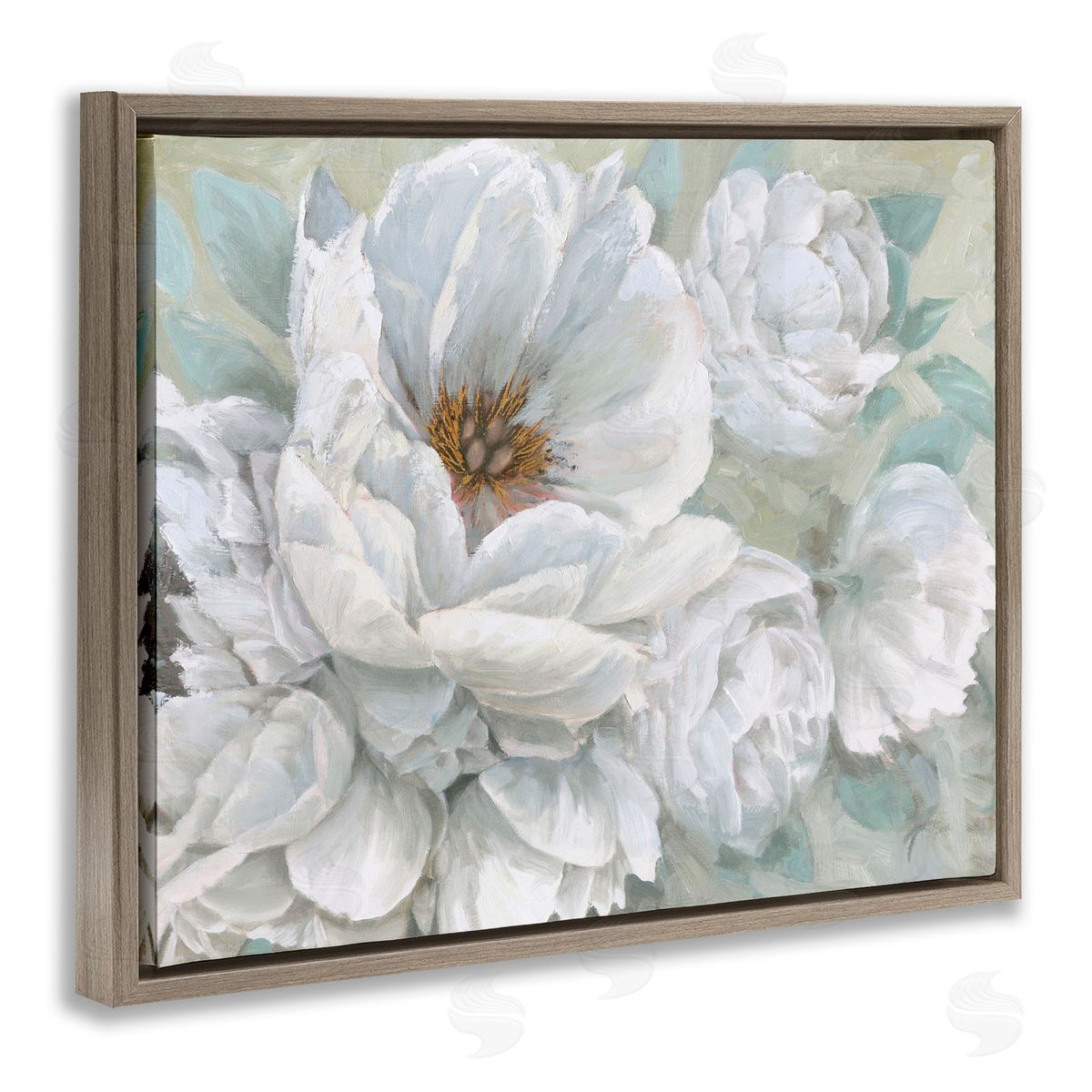 White Beauty Bouquet Brown Floating Frame Canvas Wall Art, Home Decor by Wellington Studio