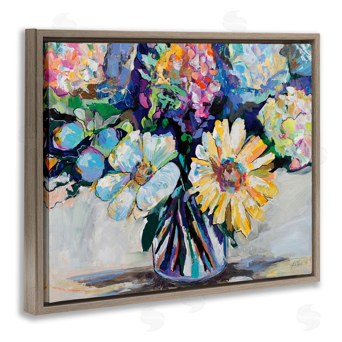 Exciting Times Bouquet Brown Floating Frame Canvas Wall Art, Home Decor by Jeanette Vertentes