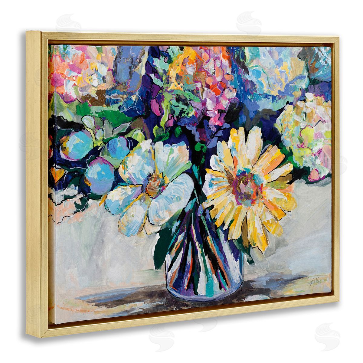 Exciting Times Bouquet Gold Floating Frame Canvas Wall Art, Home Decor by Jeanette Vertentes
