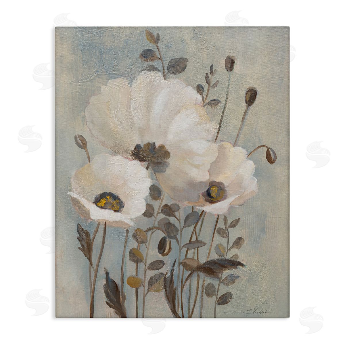 Traditional Neutral Poppies Canvas Wall Art, Home Decor by Silvia Vassileva