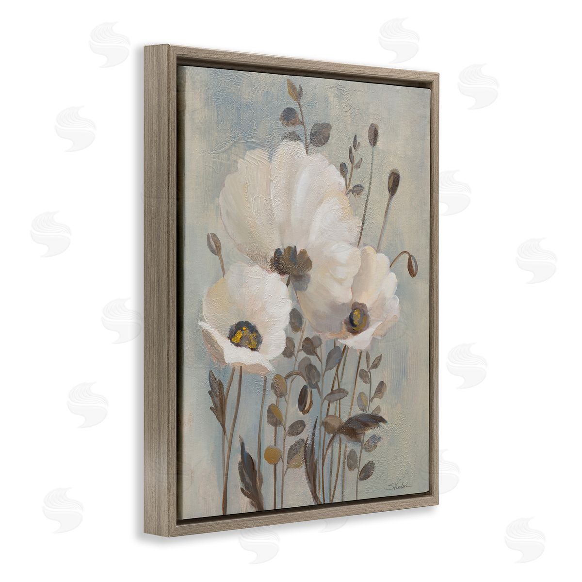 Traditional Neutral Poppies Brown Floating Frame Canvas Wall Art, Home Decor by Silvia Vassileva