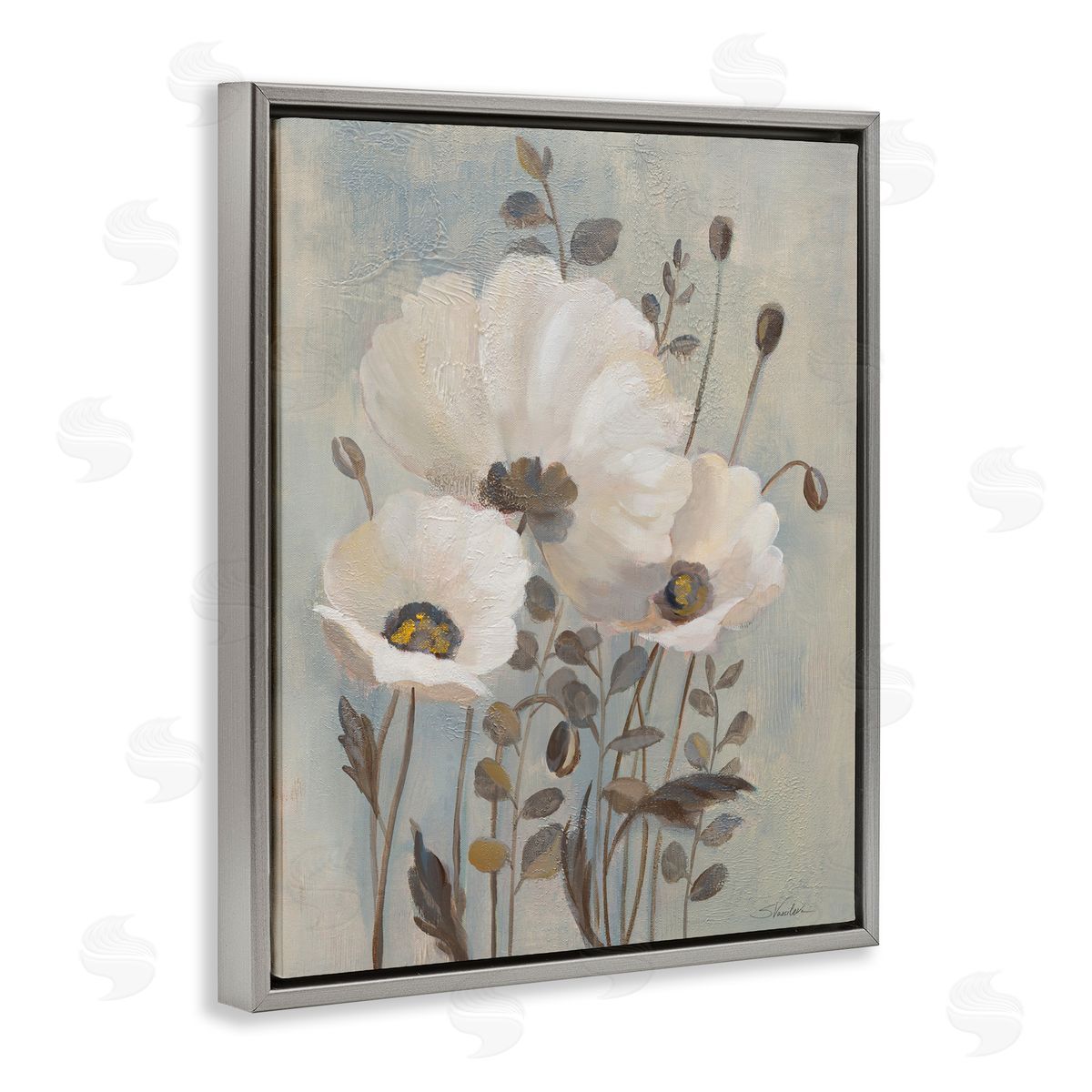 Traditional Neutral Poppies Grey Floating Frame Canvas Wall Art, Home Decor by Silvia Vassileva