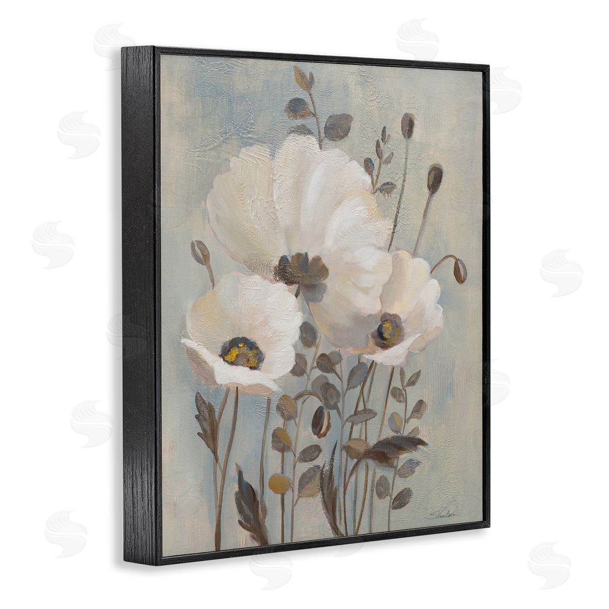 Traditional Neutral Poppies Black Frame Print Wall Art, Home Decor by Silvia Vassileva
