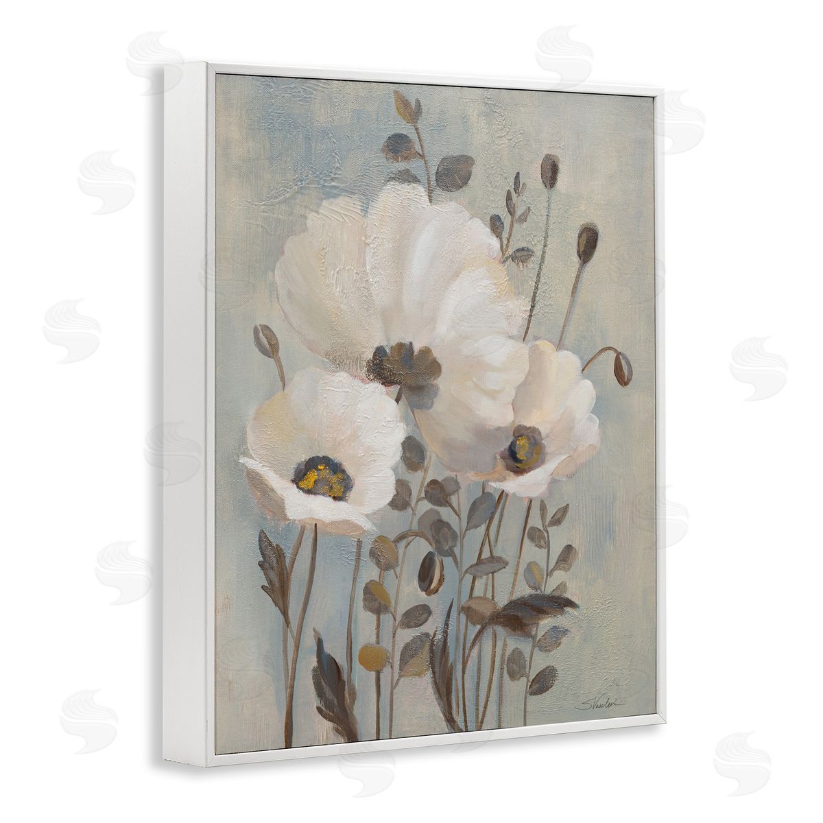Traditional Neutral Poppies White Frame Print Wall Art, Home Decor by Silvia Vassileva