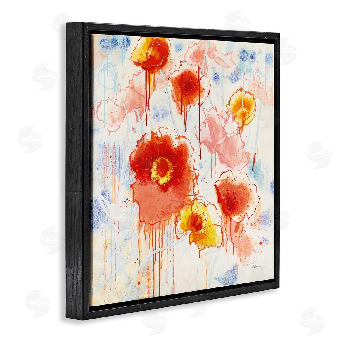 Dripping Abstract Poppies Black Floating Frame Canvas Wall Art, Home Decor by Shirley Novak